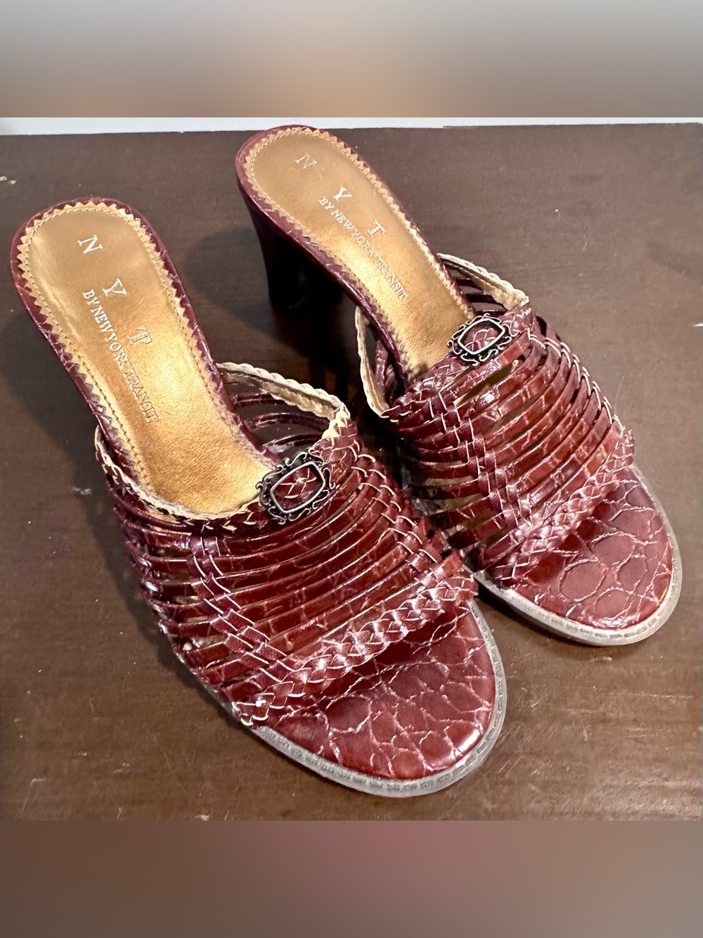 New York Transit Burgundy Braided Slide Sandals with Decorative Buckle